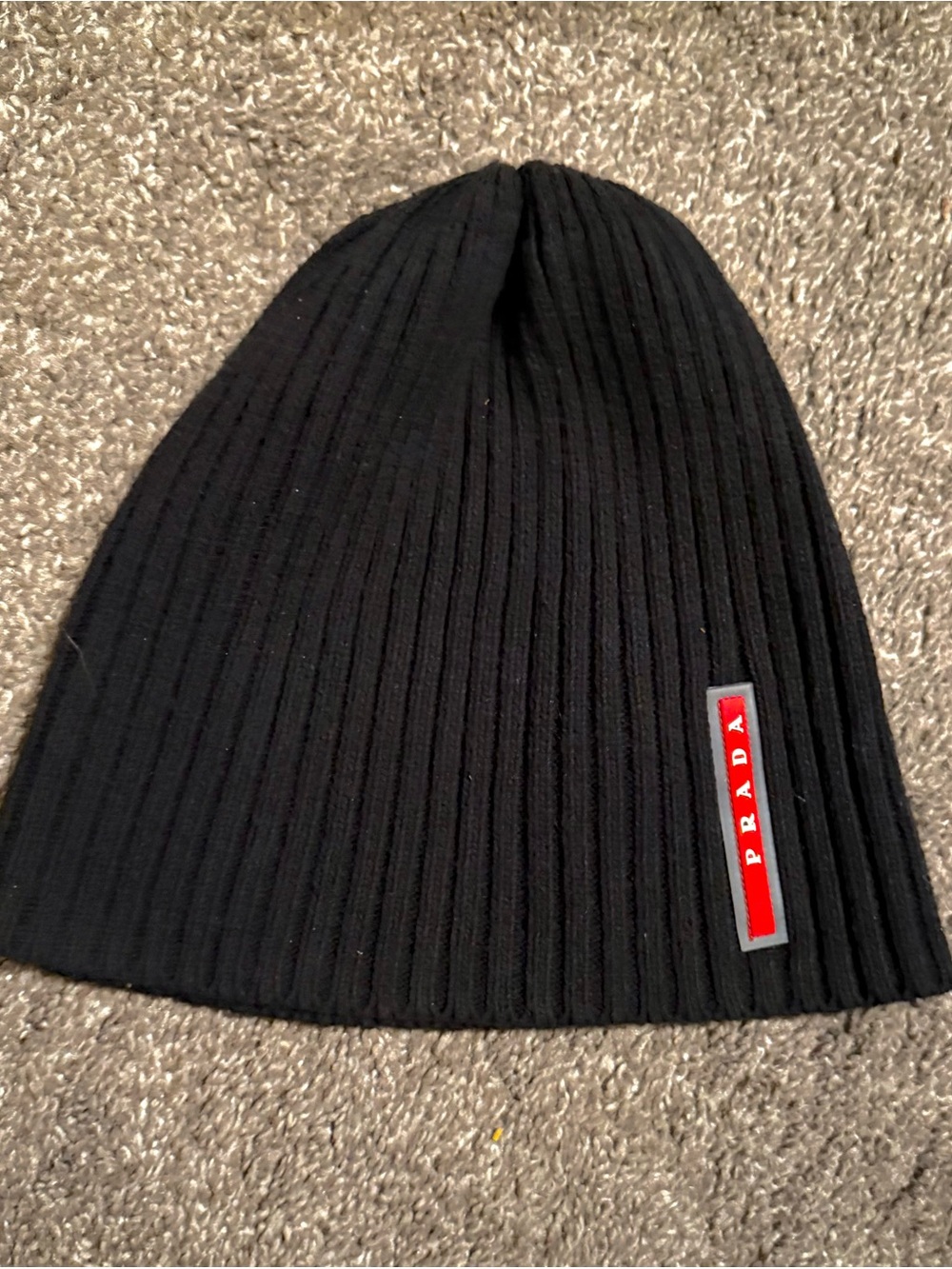 Prada Sport leana Rossa Black Ribbed Knit Beanie with Red Logo Patch Vintage